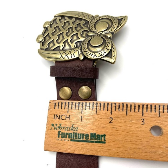 Brass Owl buckle faux leather belt size LARGE - Owls are known for Good Luck !!! main image 4